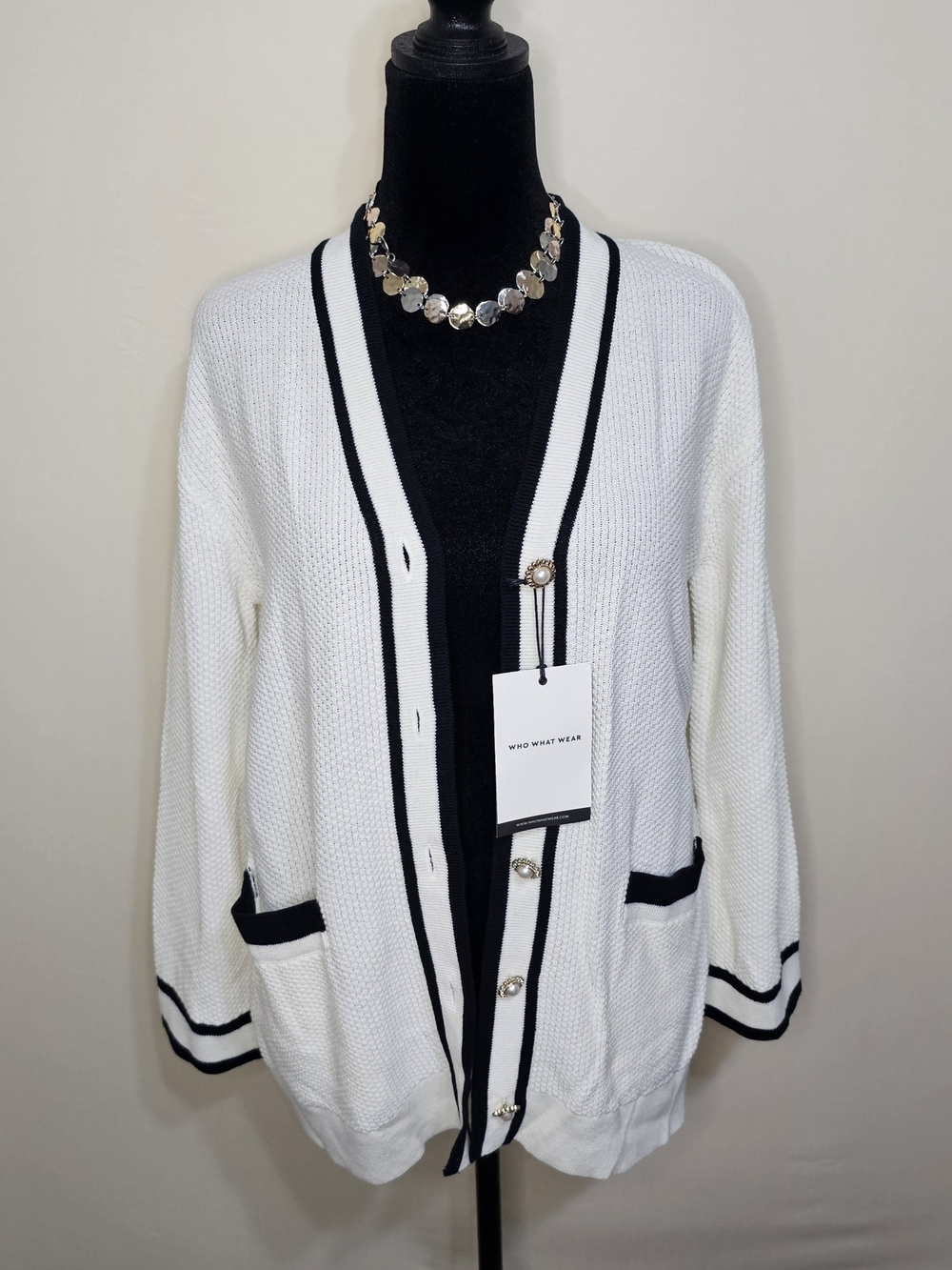 Who What Wear Pearl Button Varsity Cardigan - White/Black Size S